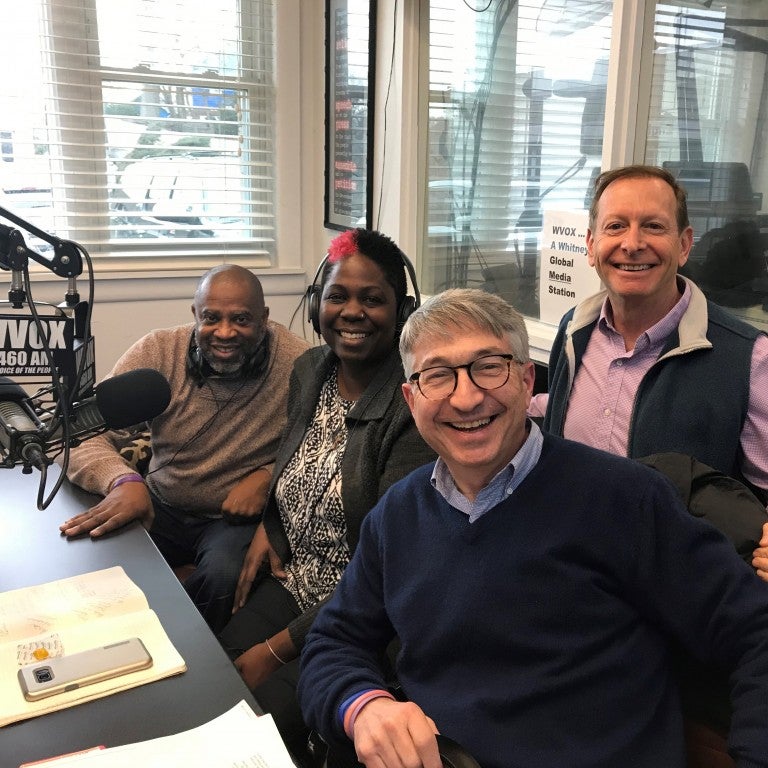 Photo of Rev. Kymberly McNair, Rev. Dr. Stephen Pogue, Rabbi Jeffrey Sirkman, and Cliff Wolf appearing on AJC Live - January 15 - Facing Racism 