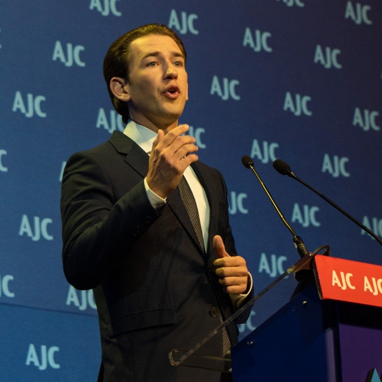 Photo of Austrian Chancellor Kurz Delivering Powerful Message of Responsibility at AJC Global Forum