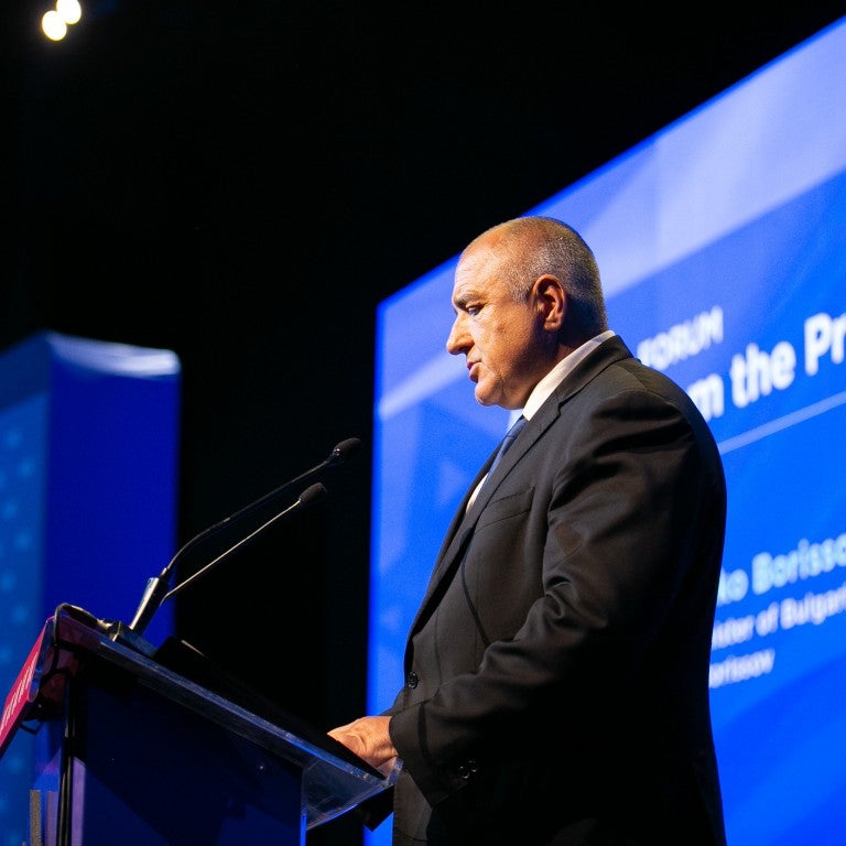 Photo of Prime Minister Borissov Addressing AJC Global Forum