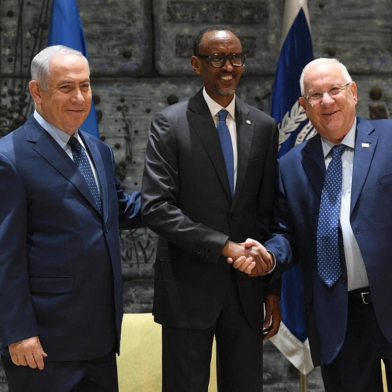 Photo of President Reuven Rivlin, Prime Minister Benjamin Netanyahu, and the President of Rwanda at Beit HaNassi