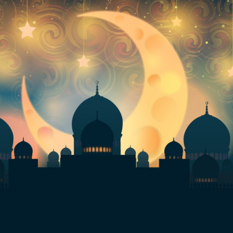Crescent moon and mosques