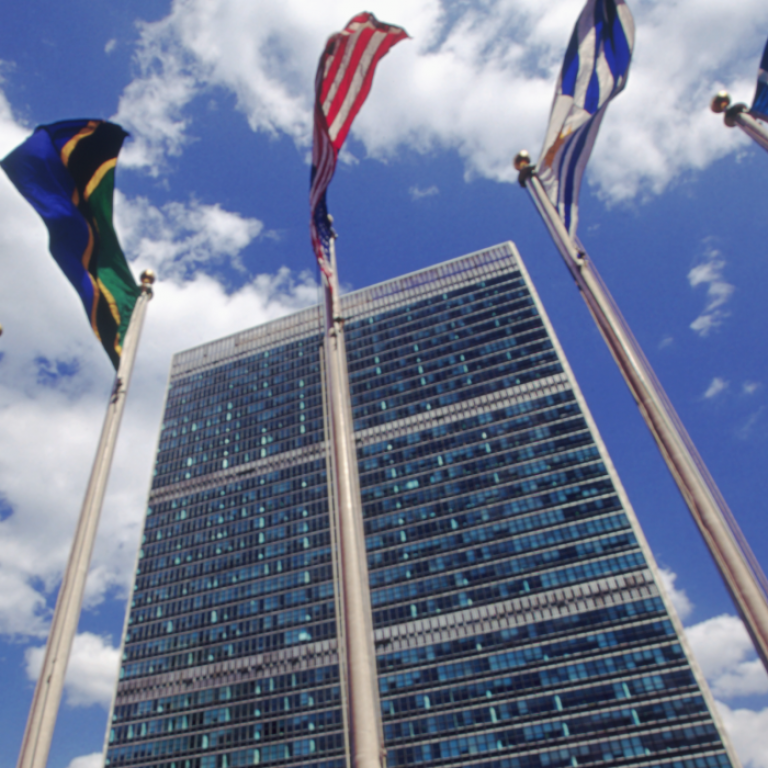 United Nations building and world flags