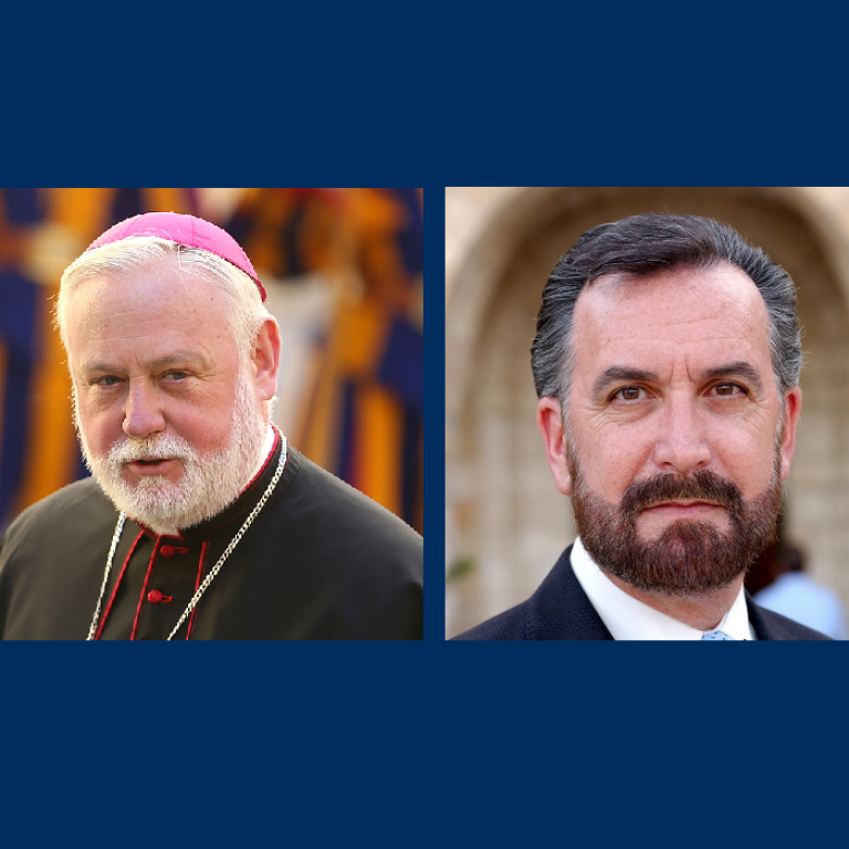 Headshots of Archbishop Paul Gallagher and Rabbi David Rosen