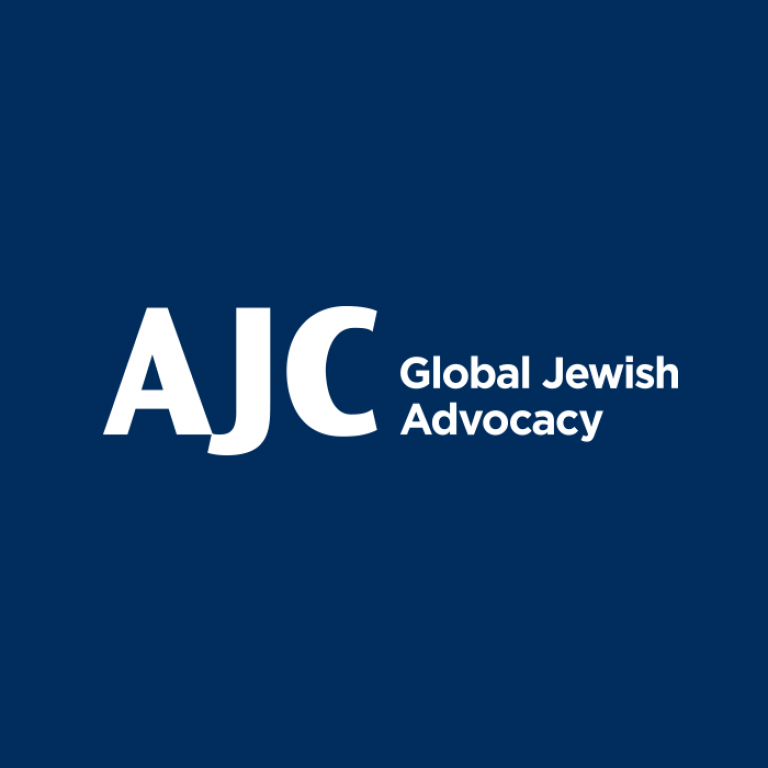 Graphic displaying AJC logo on a navy background with the word Global Jewish Advocacy