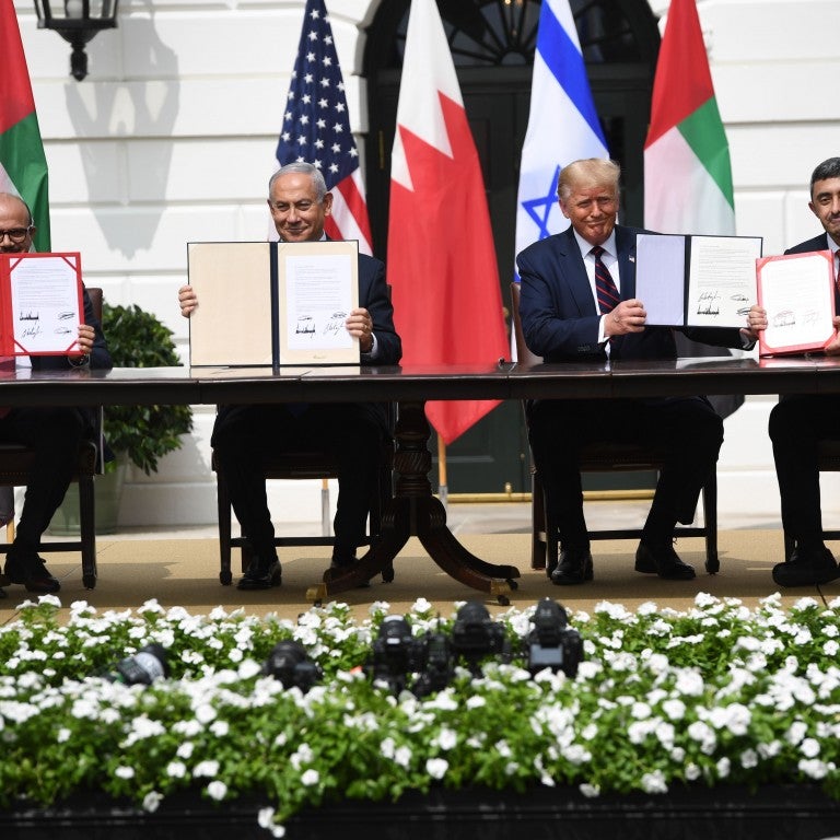 Leaders from the U.S., Israel, Bahrain, and the UAE at the Abraham Accords signing ceremony.