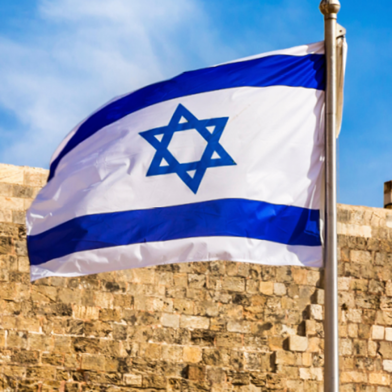 Israeli flag in front of Western Wall