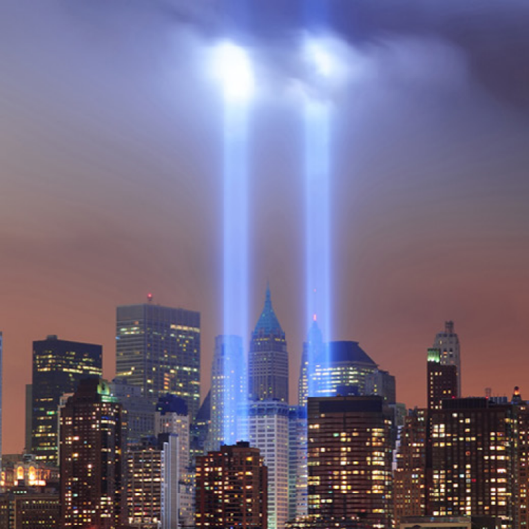Two beams of light representing the World Trade Center towers