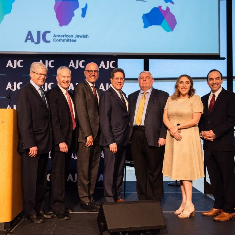 Pictured from left to right: AJC New England Director Rob Leikind; AJC New England President Gerald D. Cohen; AJC CEO Ted Deutch; AJC President Michael Tichnor; Consul General of Ukraine in New York Oleksii Holubov; Cantor Shanna Zell; Combined Jewish Philanthropies President and CEO Rabbi Marc Baker