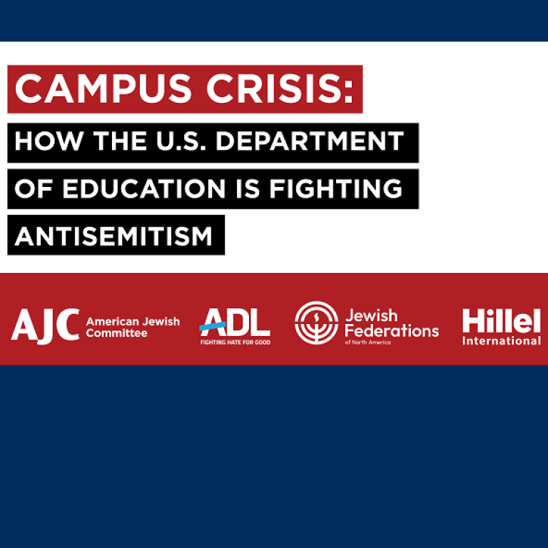 Graphic saying Campus Crisis: How the U.S. Department of Education is Fighting Antisemitism