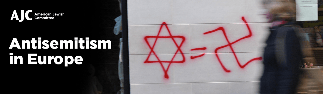 Antisemitism in Europe graphic - graffiti of a star of David an equals sign and a swastika