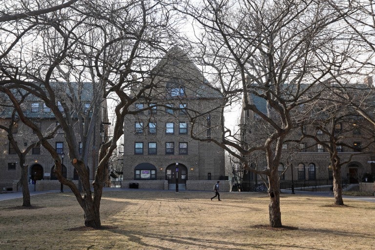 image of Northwestern University campus with bare trees, three light brown brick buildings, one person walking across a bare lawn.