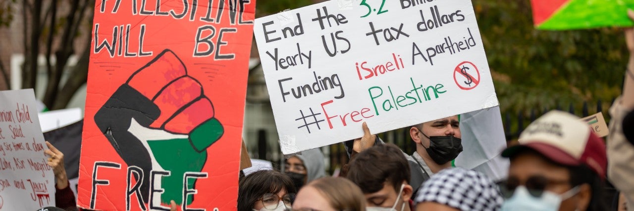 Signs in an SJP protest saying Palestine will be Free