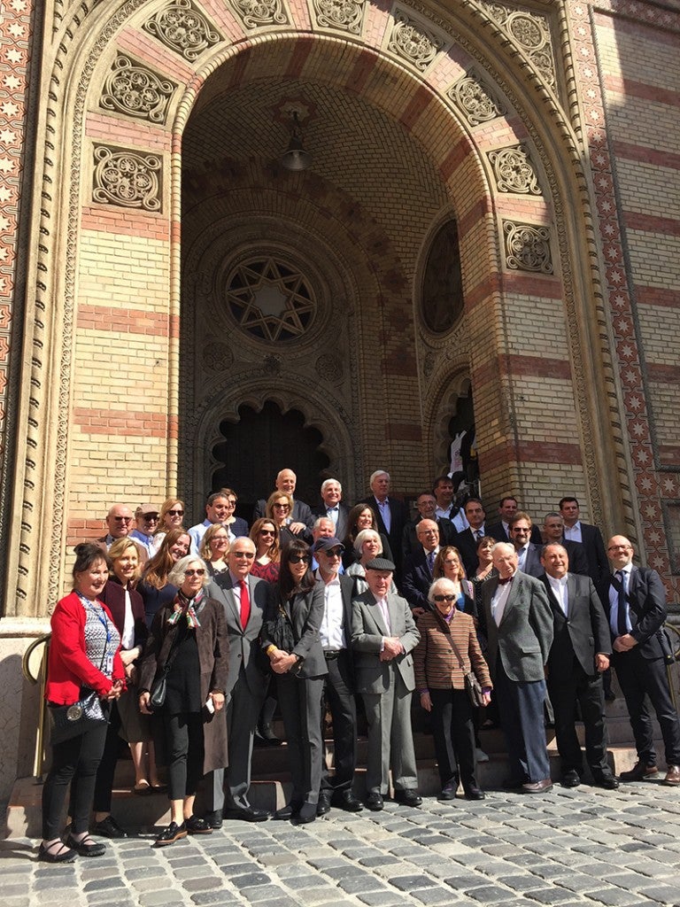 Photo of an AJC delegation outside the Dohány Street Synagogue in Budapest