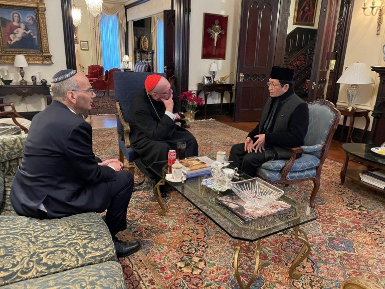 Grand Imam Umar and Rabbi Noam Marans, AJC Director of Interreligious and Intergroup Relations meet with Cardinal Timothy Dolan, Archbishop of New York following Sunday Mass at St. Patrick’s Cathedral.