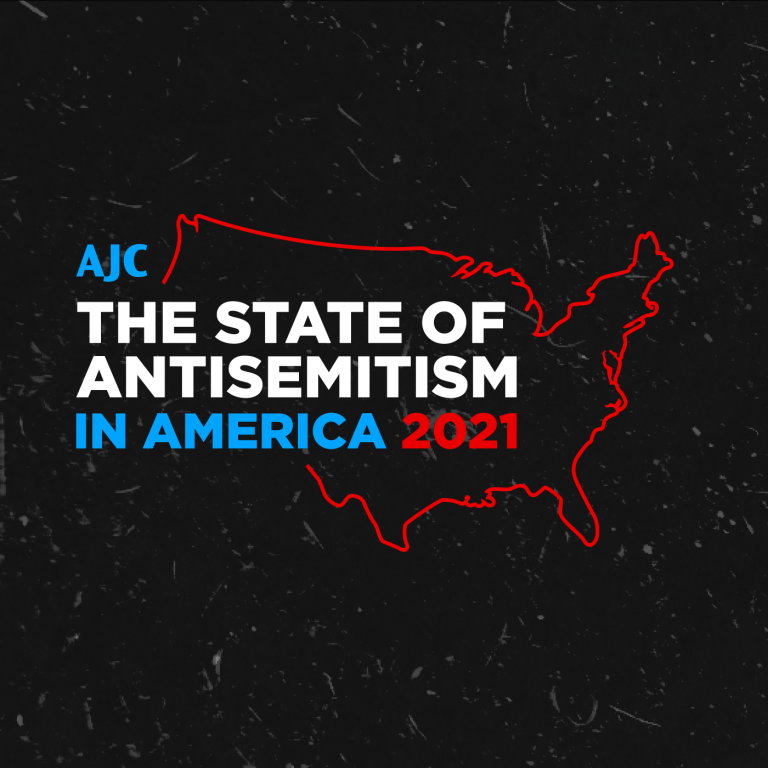 AJC The State of Antisemitism in America 2021 on dark backgroud inside a red outline of the U.S.