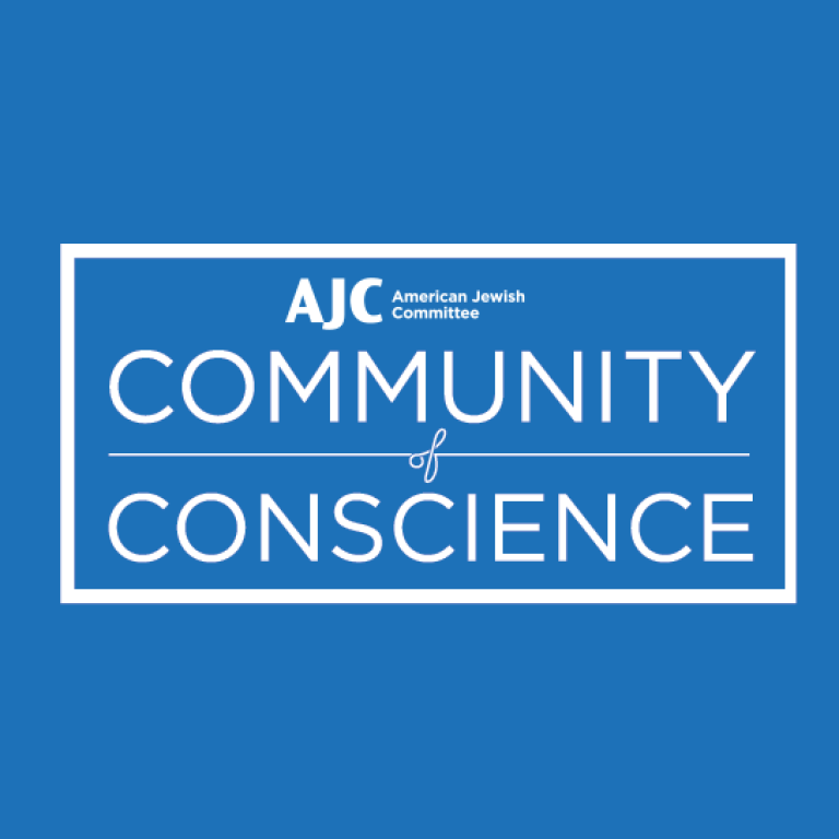 AJC American Jewish Committee - Community of Conscience written in white on a light blue background