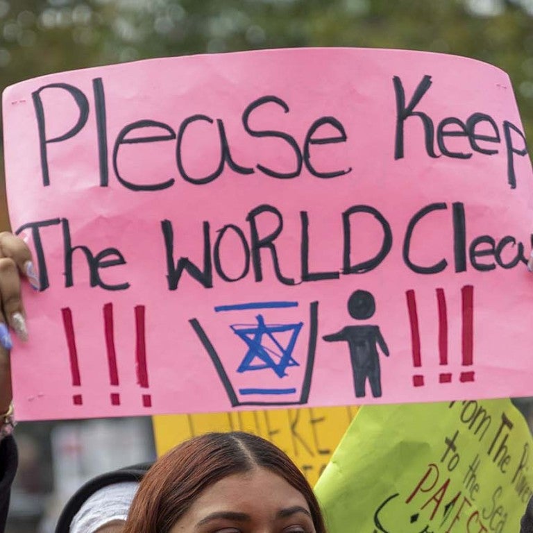 Sign at protest - "Please keep the world clean" with a photo of a person throwing away the Jewish star