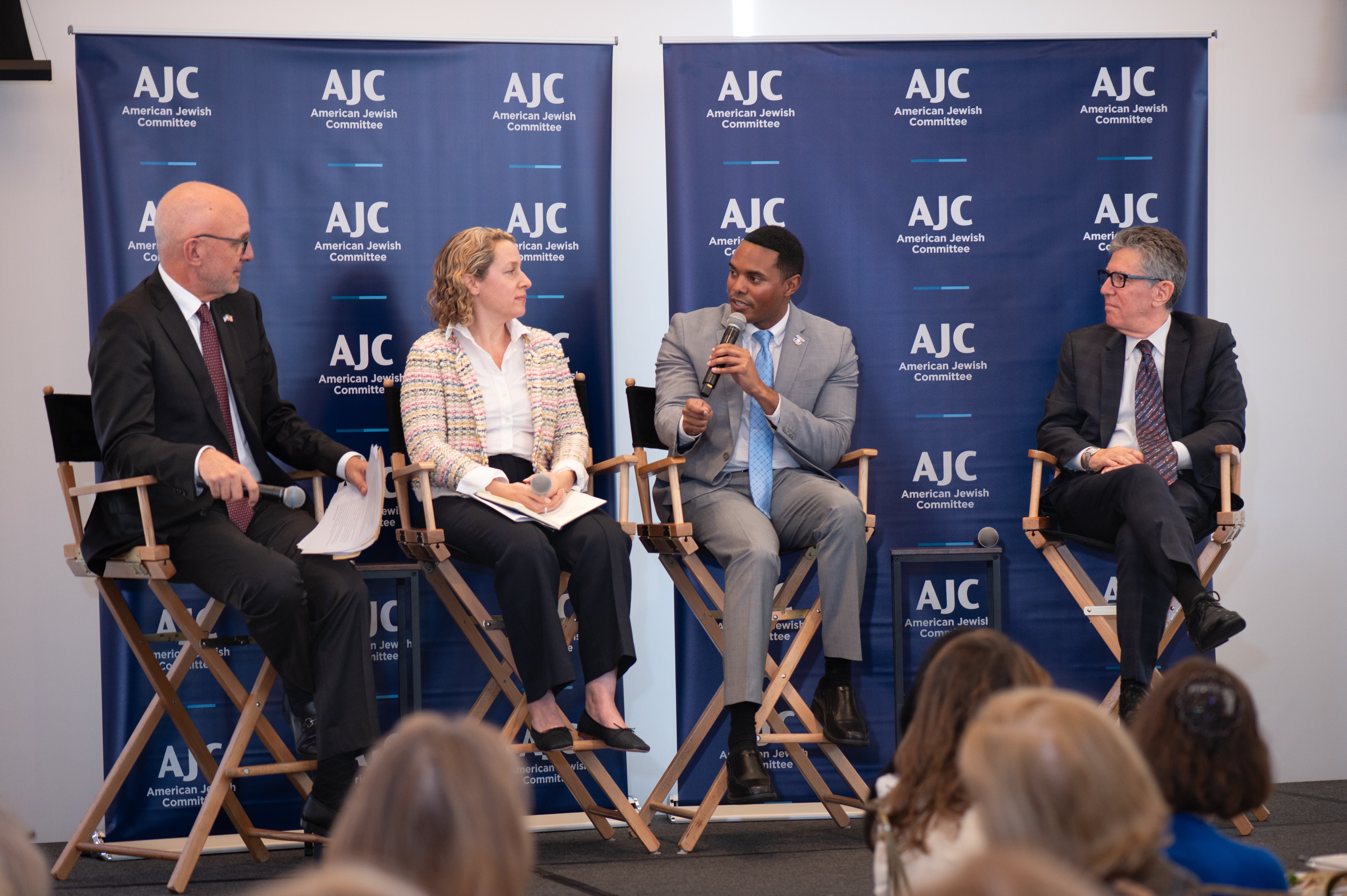 Panel featuring Ted Deutch, AJC CEO, Edward and Sandra Meyer Office of the CEO, Dr. Sara Coodin, AJC Director of Academic Affairs, Congressman Ritchie Torres, U.S. House of Representatives, and Rabbi Ammiel Hirsch, Stephen Wise Free Synagogue