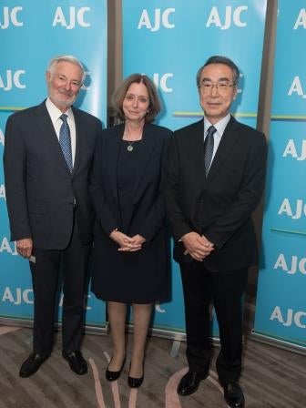 Photo of AJC Past National President Bruce Ramer, Ambassador Ruth Kahanoff, and Former Israeli Ambassador to Japan, Hideo Sato at AJC LA's 72nd Annual Meeting at SLS Hotel