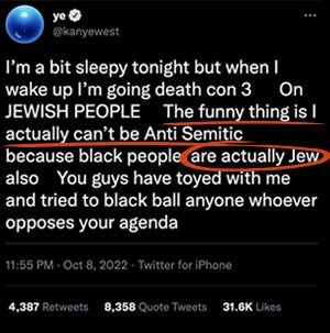 A post from Kanye West posits he can’t be antisemitic because he is Black and thus also Jewish.
