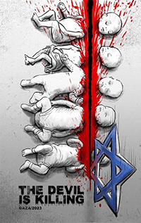 A gruesome image of babies being beheaded with a blue Jewish star, alongside the phrase "the Devil is killing, Gaza 2023.”