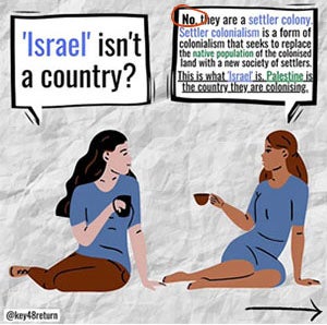 Two women speaking- one says, 'Israel' isn't a country. No, they are a settler colony. Settler colonialism is a form of colonialism that seeks to replace the native population of the colonized land with a new society of settlers. That is what 'Israel' is Palestine the country they are colonizing.