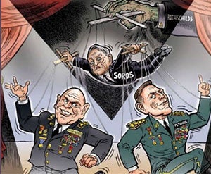 An antisemitic political cartoon showing the Rothschilds puppeteering philanthropist George Soros, who is further puppeteering U.S. military leaders.