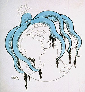 A cartoon depicting an octopus with a Jewish star on its head clawing its tentacles around the world. Seppla (Joseph Plank), 1938, Germany.