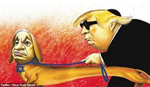 A 2019 cartoon by António Moreira Antunes published in The New York Times’ International edition depicting Israeli Prime Minister Netanyahu leading a blind former President Trump, wearing a Jewish skullcap.