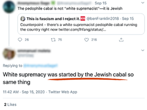 Tweet reading White supremacy was started by the Jewish cabal so same thing with was started by the Jewish cabal underlined in red