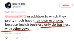 Tweet reading "in addition to which they pretty have their own economy because Jewish business only do business with other Jews" with " their own economy because Jewish business only do business with other Jews" underlined in red
