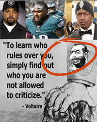 Screenshot of meme with photos of Black celebrities, the smirking merchant cartoon, and the Voltaire quote - To learn who rules over you, simply find out who you are not allowed to criticize.