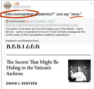 Facebook post reading 'Elite cosmopolitan academics?' Just say 'Jews.' with 'elite cosmopolitan' circled in red and Jews underlined in red
