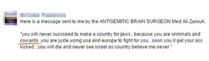 Quoted Facebook message by 'antisemitic brain surgeon Med Ali Zarouk'