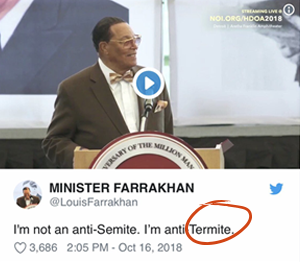 Photo of a screenshot from Twitter reading: Minister Farrakhan - "I'm not an anti-Semite. I'm anti-Termite" with Termite circled in red