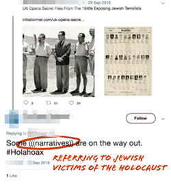 Tweet saying some (((narratives)) are on the way out #Holahoax with (((narrative)) circled in red with the caption referring to Jewish victims of the Holocaust