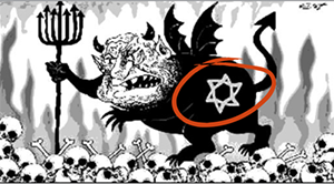 Cartoon where the Star of David is being used to make the devil Jewish, with the face of former Israeli Prime Minister Ariel Sharon.