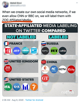 Tweet saying, "When we create our own social media networks, if we even allow CNN or BCC on, we will label them with ZOG Affiliated Media." With Zog Affiliated Media underlined