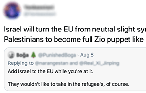 Tweet saying "Israel will turn the EU from neutral slight syr Palestinians to become full Zio puppet like..." with a quote tweet saying "Add Israel to the EU while you're at it. They wouldn't like to take in the refugee's, of course"