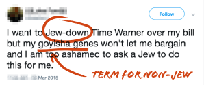 Tweet saying "I want to Jew-down Time Warner over my bill but my goyisha genes won't let me bargain and I am too ashamed to ask a Jew to do this for me." with Jew-down circled in red, and goyisha underlined in red with an arrow saying "term for non-Jew"
