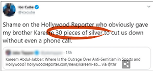 Tweet saying "Shame on Hollywood Reporter who obviously gave my brother Kareem 30 pieces of silver to cut us down without even a phone call." with "30 pieces of silver" circled in red