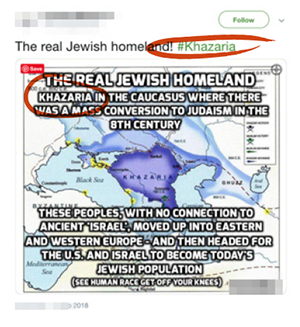 Tweet saying "The real Jewish homeland! #Khazaria" with a graphic saying " "The real Jewish homeland - Khazaria in the caucasus where there was a mass conversion to Judaism in the 8th century" with both references to "Khazaria" circled in red 