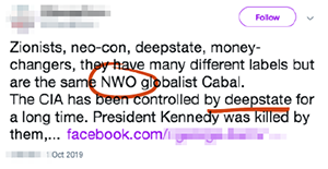 Tweet saying "Zionists, neo-con, deepstate, money-changers, they have many different labels but are the same NWO globalist Cabal. The CIA has been controlled by deepstate for a long time. President Kennedy was killed by them,..." with "NWO" circled in red and by deepstate underlined in red