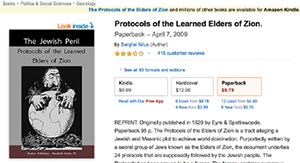 Screenshot of the Amazon page for the "Protocols of the Learned Elders of Zion" book with a smirking merchant on the cover