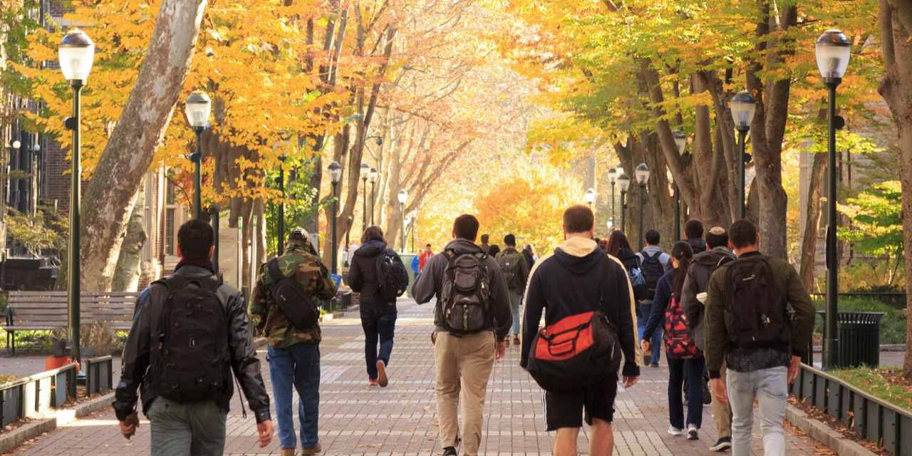 Students walking through a campus in fall