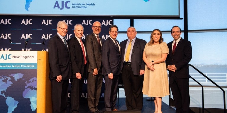 Pictured from left to right: AJC New England Director Rob Leikind; AJC New England President Gerald D. Cohen; AJC CEO Ted Deutch; AJC President Michael Tichnor; Consul General of Ukraine in New York Oleksii Holubov; Cantor Shanna Zell; Combined Jewish Philanthropies President and CEO Rabbi Marc Baker