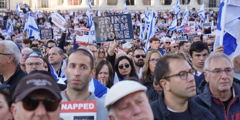 Members of the Jewish community attend a Solidarity Rally in Trafalgar Square, central London, calling for the safe return of hostages and to highlight the effect of the Hamas attacks on Israel. Picture date: Sunday October 22, 2023. (Photo by Lucy North/PA Images via Getty Images)