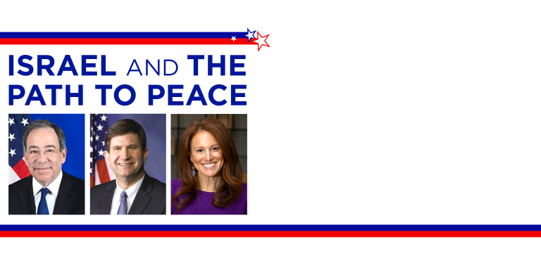 Israel and the Path to Peace" event promotional image with three headshots and patriotic-themed border with stars and stripes. Headshot images include: Thomas R. Nides, Brad Schneider, and Halie Soifer