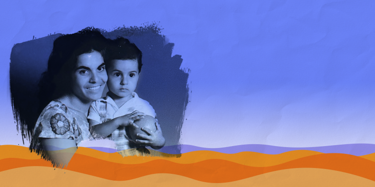 Photo of Adiel Cohen's grandmother Sarah smiling with her son Itamar, paintbrush effect around the photo, laid over a graphic representation of the desert