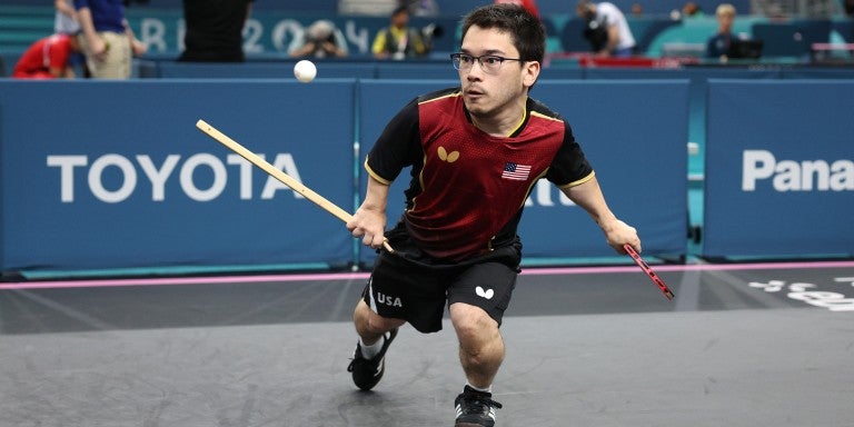 Ian Seidenfeld of Team United States returns a shot to Matteo Parenzan of Team Italy during their Men's Singles - MS6 - Semifinal 2 on day eight of the Paris 2024 Summer Paralympic Games at South Paris Arena on September 05, 2024 in Paris, France.